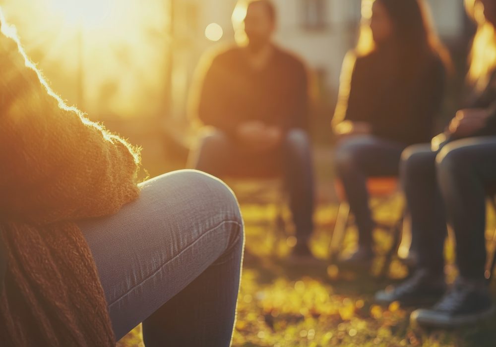 A serene outdoor scene featuring a support group seated in a circle, basking in natural light. This image captures the essence of community, wellness, and connection among participants.