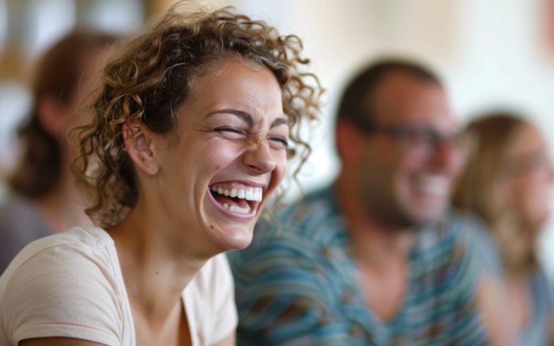 Joyful Laughter in a Colorful Comedy Therapy Session - Positive Group Therapy Concept in Playful Environment