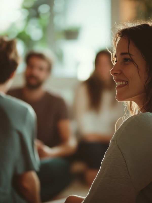 Group therapy session in a warm, inviting room with diverse participants sharing emotional support and connections during a reflective afternoon meeting..