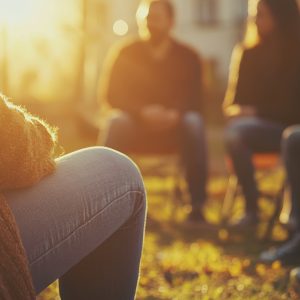 A serene outdoor scene featuring a support group seated in a circle, basking in natural light. This image captures the essence of community, wellness, and connection among participants.